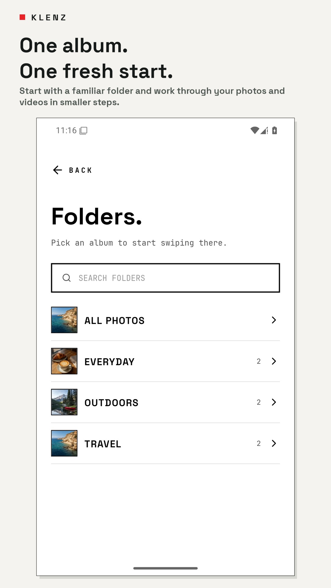 Folders screen in Klenz. Your library, in manageable pieces.