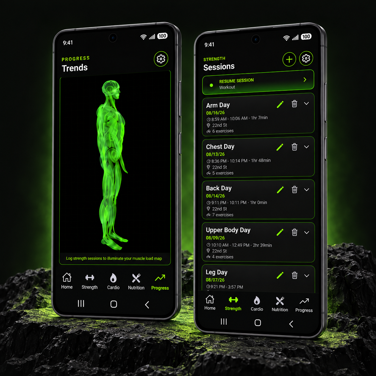 Strengthlink on Android: anatomical muscle view alongside example strength sessions including Arm Day, Chest Day, and Leg Day.