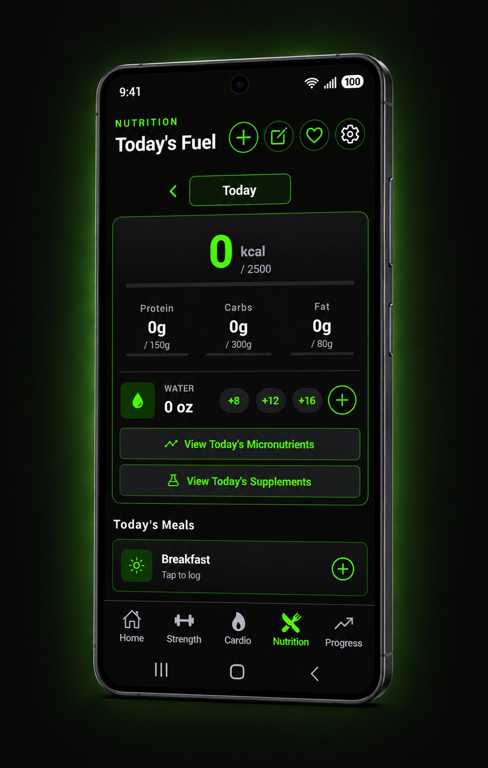 Strengthlink Nutrition on Android showing calories, macros, water, and meals.