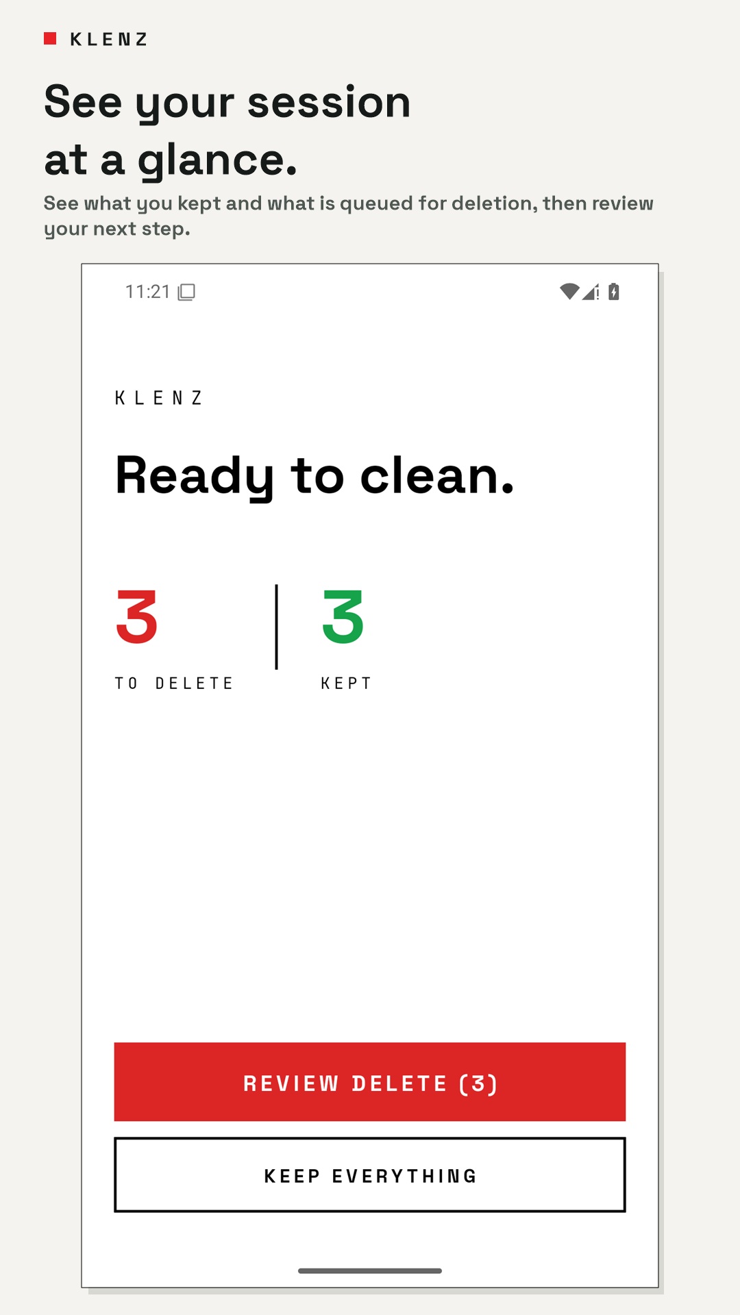 Session summary showing three items queued for deletion and three kept.